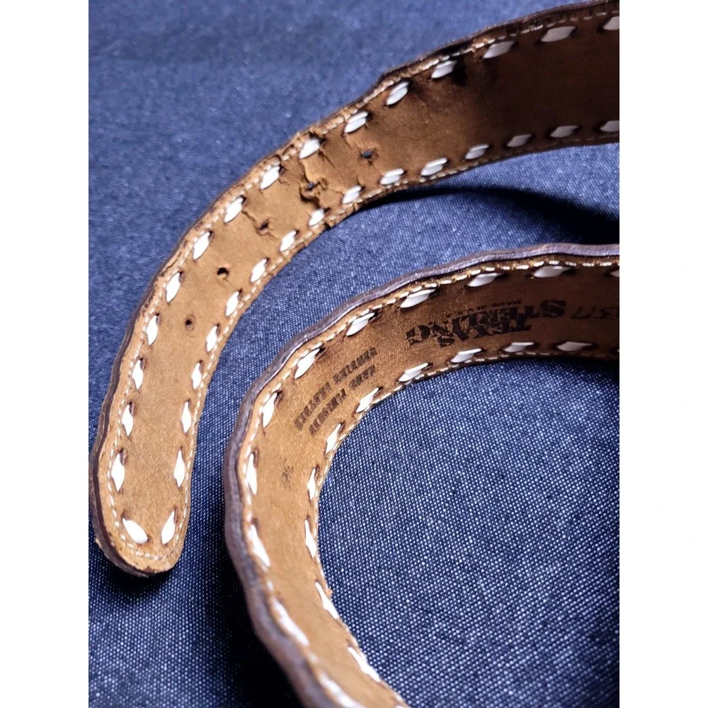 Vinatge‎ Texas Sterling Leather Belt Tooled Blue Inlay Buckle Eagle Western 36